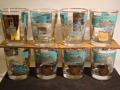 8 Libbey Steamboat Bar Glasses Gold & Blue 3.5 Inches Tall Southern Comfort