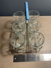 Vintage 6 Glass Juice Tea Tumbler Set w Wire Carrier Mid Century