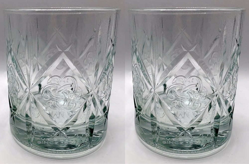 DEWARS SCOTCH Set of 2 OLD FASHIONED GLASSES 4″ Tall Celtic Knot Trefoil
