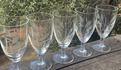 Vintage Etched Wheat Clear Glass MCM Crystal 4.75″ H Glasses Set-5 Cordial 4 oz