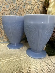 5 Depression Delphite Blue Cherry Blossom Jeannette 9 Oz Footed Tumbler Exc Cond