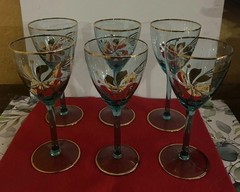 Vintage Set of 6 Romanian 22k Gold Trim Floral Design Blue Bohemian Stemware