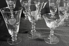 Fostoria Rose-Crystal Goblets-Deep Cut Grey Rose-6 Iced Tea, 6 Water, 6 Sherbet
