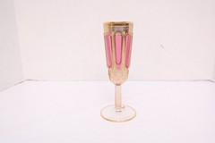 Pair Moser Cut to Clear Cabochon Enamel Scrollwork & Gold Champagne Flutes SET 2