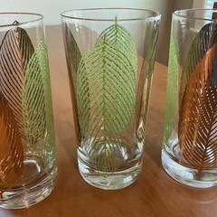 4 VINTAGE MCM 22KT GOLD & GREEN MODERN LEAF HIGHBALL GLASSES