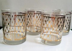 Set of 4 Georges Briard Double Old Fashioned Glass Gold Lattice Diamond Pattern