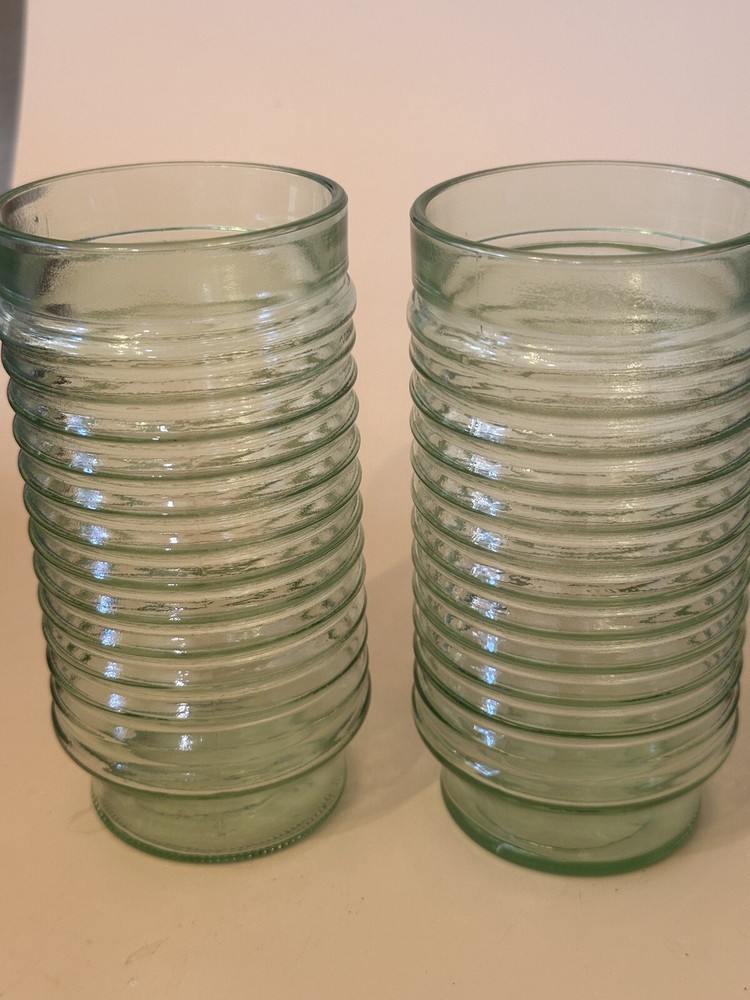2 Vtg Anchor Hocking Green Glass Tumblers Raised Rings Ribbed 16 Oz No Chips MCM
