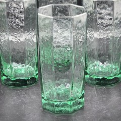Vintage MCM Textured Green Tint Highball Glasses Set of 4 Hexagon Tumblers 6″