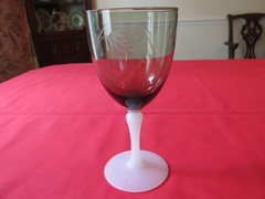 Set 3 Napco Japan Smoke Bowl Etched Wheat Water Goblets w/Milk Glass Foot 6 5/8″