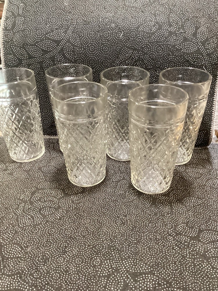 VTG Retro Clear Quilted Diamond Point Glasses Tumblers Set Of 6 Anchor Hocking