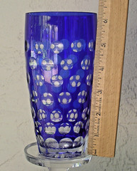 VTG COBALT BLUE Cut to Clear Bohemian Czech 6.5″ Tumbler drink Glass bubble dot