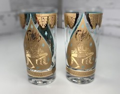 2 RARE & HTF Fred Press signed turquoise & gold highball glasses Hindu Indian
