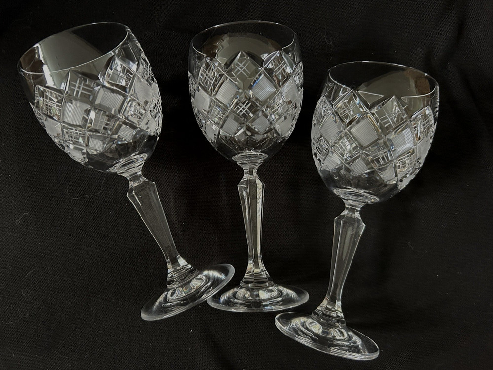 Bohemia Crystal Crystalex ~ 3 Criss-Cross & Cross-Hatch Cut Wine Goblets ~ EUC