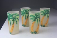 Set of 4 Vintage MCM Hi-Ball Drink Glasses w/ Hand Painted Palm Trees