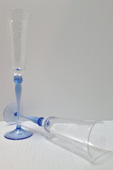 Vintage Champagne Flutes Etched Glass Clear w/Long Blue Stem 11 1/2″ Pair of 2