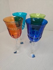 Le Stelle Italy Set 4 Stem Goblets, Cut To Clear w Geometric Designs
