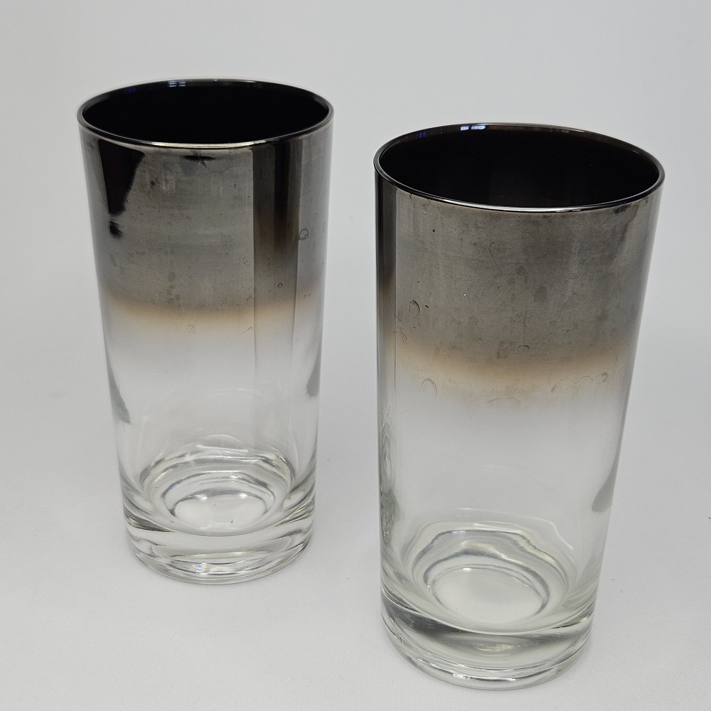 Set of 2 Highball Silver Fade Glasses Mercury Ombre MCM 12oz Tumbler Barware Cup