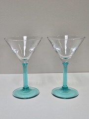 Vintage Luminarc France Martini Glasses 6″ (Pair of 2) Aqua Teal / Ribbed Stem