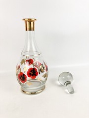 Vintage Large Butterfly & Pansy Bohemian Decanter W/6 Wine Glasses Hand Painted