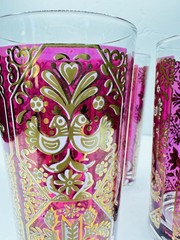 Set 4 Cranberry Pink Gold White Glass Highball Tumblers Folk Art Birds 5.75″H