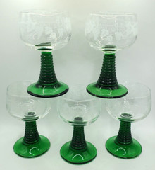 Beehive Green Stem Goblet Glass 4.5 ARC France Lot 5- 3 Oz. Mid Century Glasses