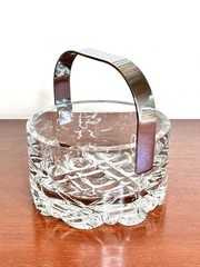 Orrefors Sweden Heavy Clear Cut Crystal Ice Bucket With Chrome Handles MCM Style