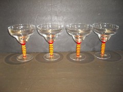 Funky Margarita Glasses with Red & Yellow Striped Stems Set of 4
