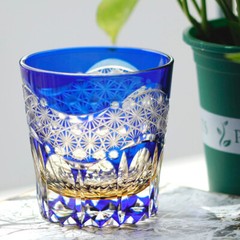 11oz Blue Hand Cut To Clear Whiskey Glass Tumbler Japan Style Edo Kiriko Style