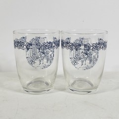 Vintage Cups Beverage Glasses Set of 2 Blue Colonial Scene US Home Bar Decor
