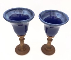 Set of 2 Bell-shaped Blue Drip Glaze Ceramic Drinking Goblets Turned Wood Stems
