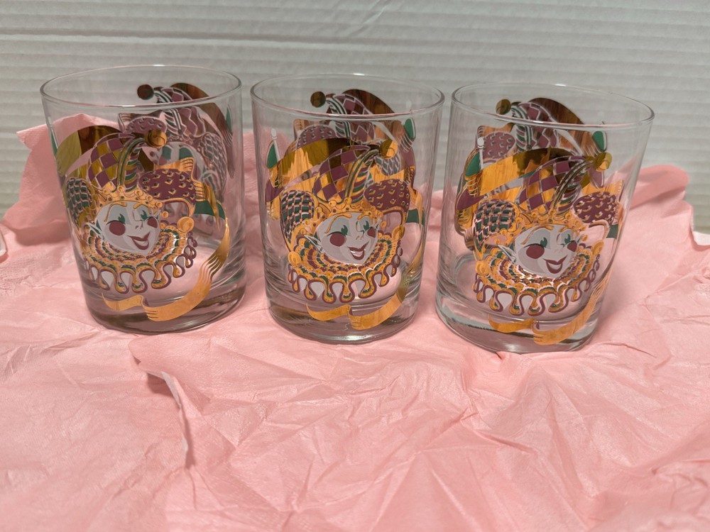 Culver «Mardi Gras» Jester Rock Glasses 22-karat gold embellishments Set Of 3