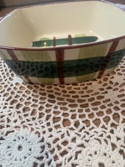 Vintage Blair Hand Decorated Plaid Ceramic Serving Bowl Green Brown Square Dish