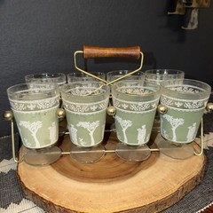 AS-IS 8 VTG Greek Mythology Wedgwood-? Glasses w Carrier Barware MCM SEE PICS