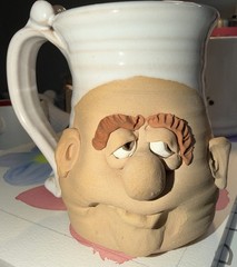 Peter Petrie “Ugly Face” Stoneware Mug. EUC! White & Beige. Fun Mug!