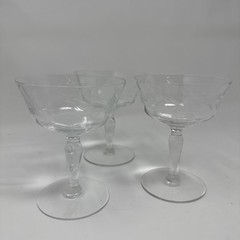 Vintage Set of 3 Etched Glass Floral Coupe Wine Champagne Glasses Dessert