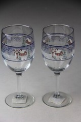 Set of 2 Libbey Glass Co Winter Village Country Snow Scene Water Goblets