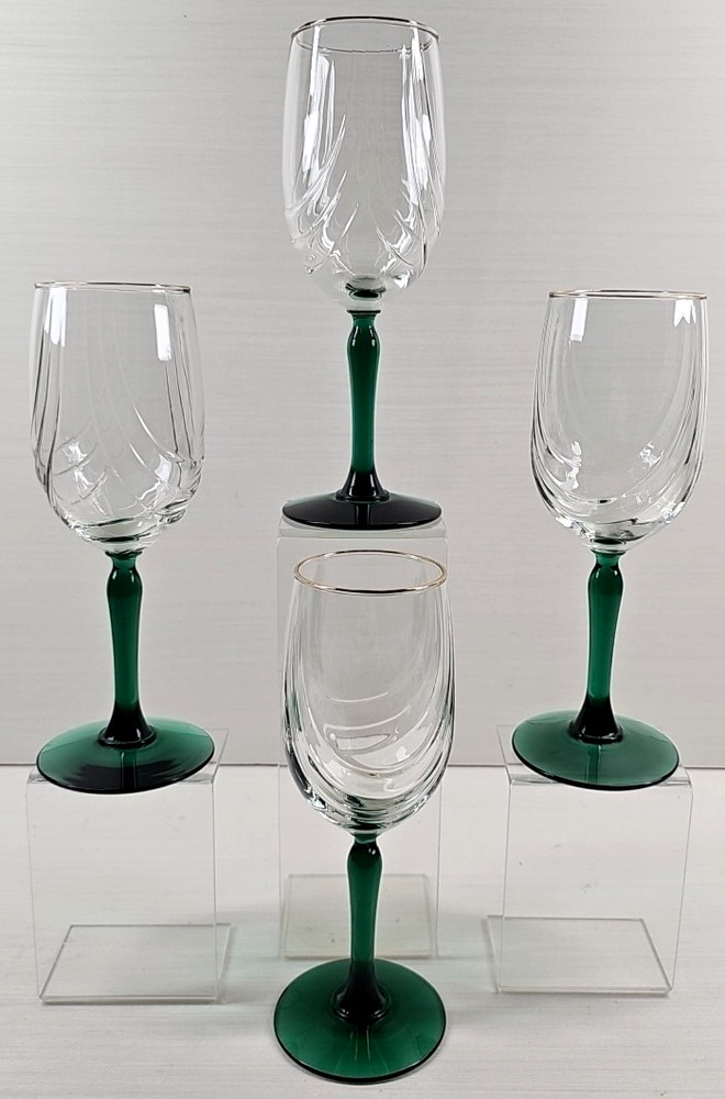 4 Libbey Crystal Green Gold Trim Water Goblet Set Clear Optic Drape Stemware Lot