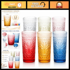 Set of 6 Vintage Colored Highball Glasses – 13 oz Embossed Floral Design, Thick
