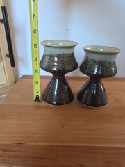 Set Of 2 Vtg Studio Pottery Goblets W/ Hourglass Shape w/ layered natural glazes