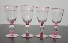 Lot of 4 Mid-Century Cordial Glasses – Clear w/ Pink and Purple Accents 2.5 oz.