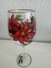 Crystal Hand Painted Poinsettias 1 Goblets w/Rhinestones & Gold Trim 9 1/2″