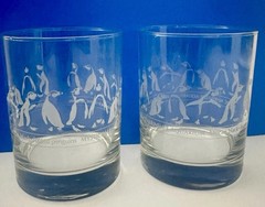 2 Glass Tumblers Sandblasted Penguins Whiskey/Old Fashioned Glasses 4″t X 3″w EC
