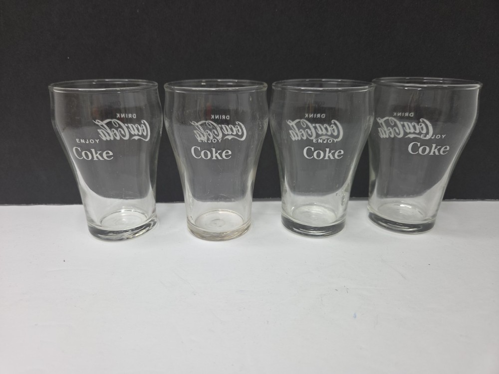 4 Vintage Enjoy Coke Coca-Cola 5 oz Glasses Libbey Bell Shaped Clear GUC