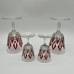 4 Vintage VMC Reims French Crystal Harlequin Glasses 2 Wine 2 Cordial