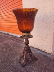 Large 23″ Tall Amber Tortoise Shell Glass VASE/Candle Holder. HEAVY Brass BASE