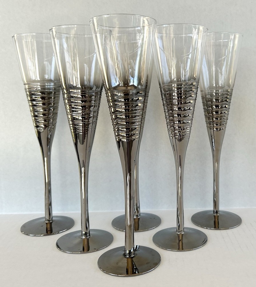 Mid Century Champagne Toasting Glasses 10 3/4″ Silver Fade Set Of 6