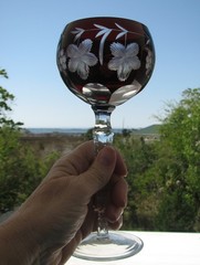 Bleikristall German Stem 8″ Wine Goblet Cut to clear Lead Crystal Stem dark red