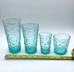 Vtg Anchor Hocking Aquamarine Lido MCM Crinkle Glasses Complete Set of 32 (8 Ea)