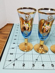 6 Vintage Bohemian Cobalt Cordial Hand Painted Shot Glass Gold Decoration