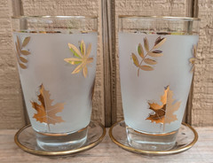 Libbey Golden Foliage Highball Glasses Set of 2 w/ Gold Trim Coasters Frosted